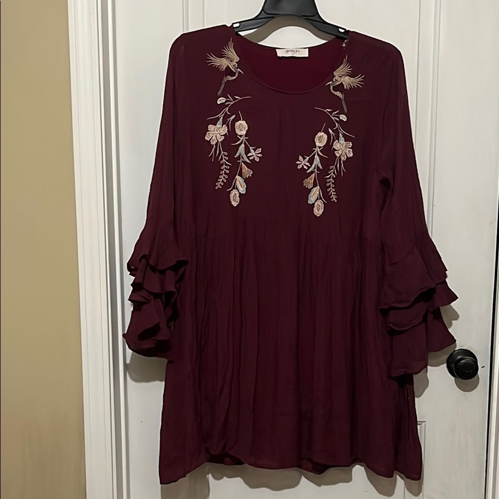 Burgundy Embellished Tunic with Ruffled 3/4 Sleeves
